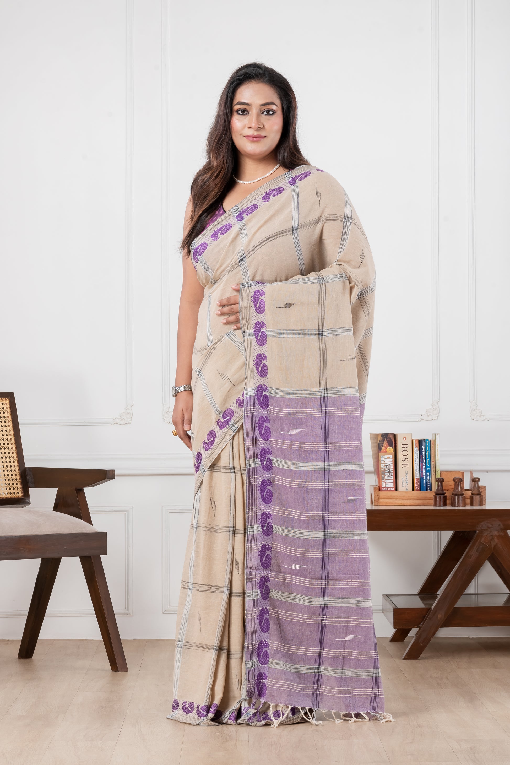 beige & purple khadi cotton saree