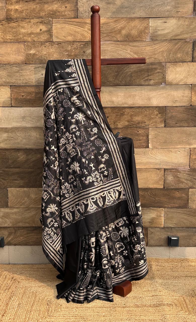 black kantha stitch silk saree