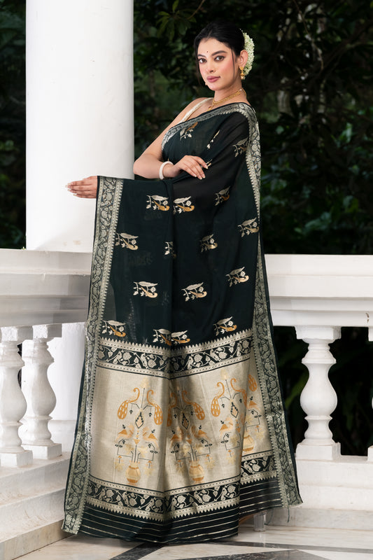 black fancy crape banarasi saree