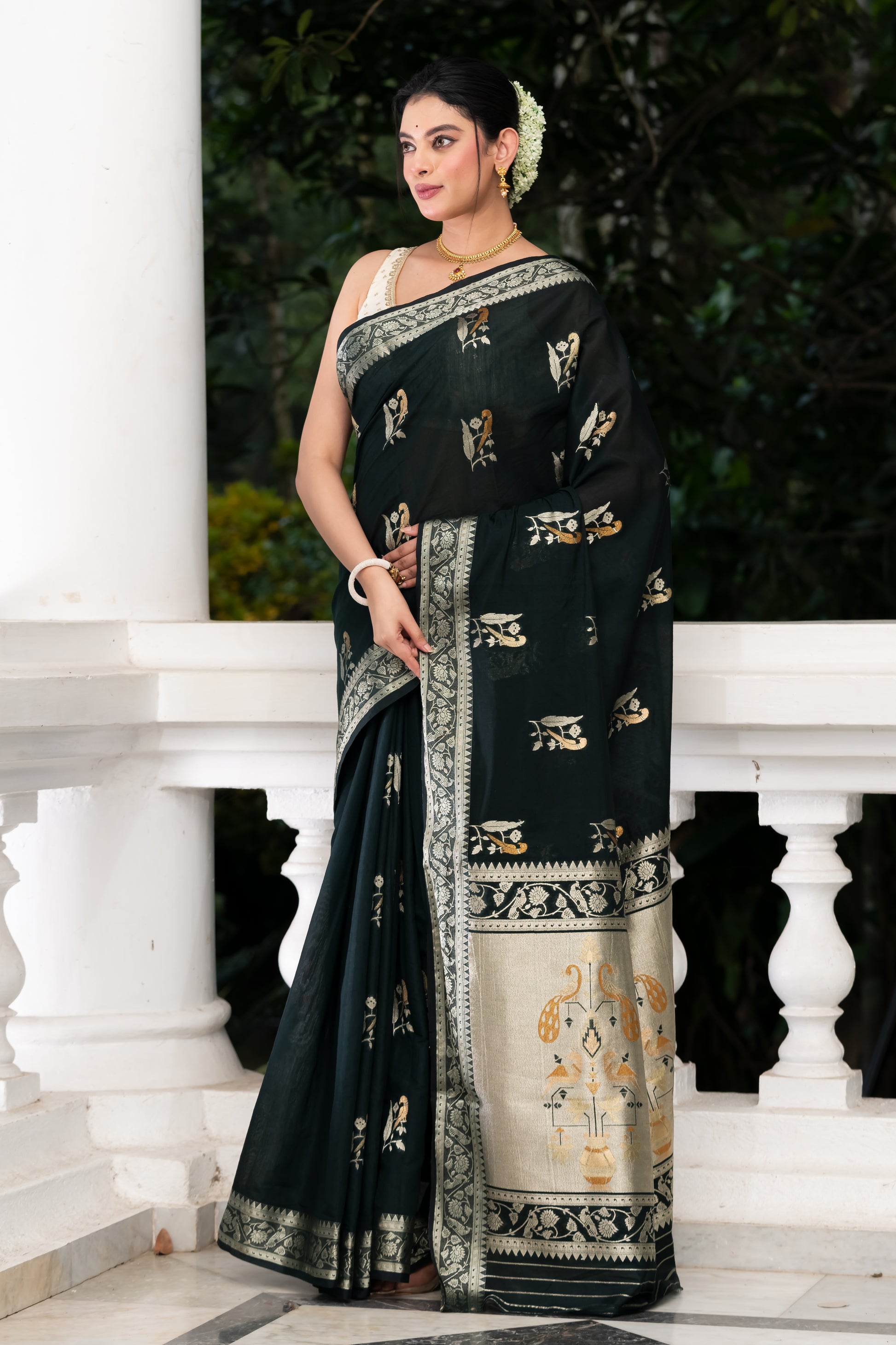 black fancy crape banarasi saree