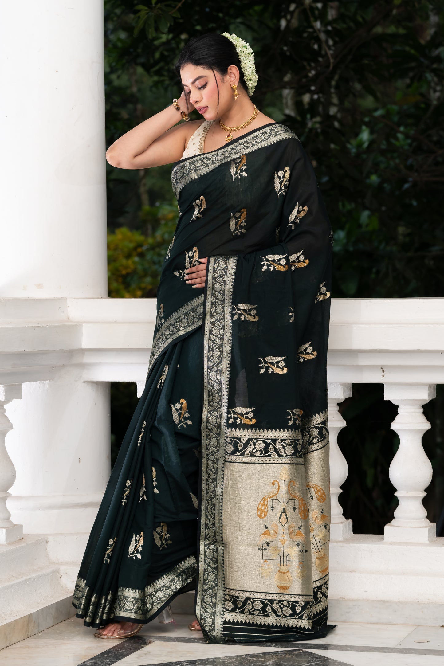 black fancy crape banarasi saree