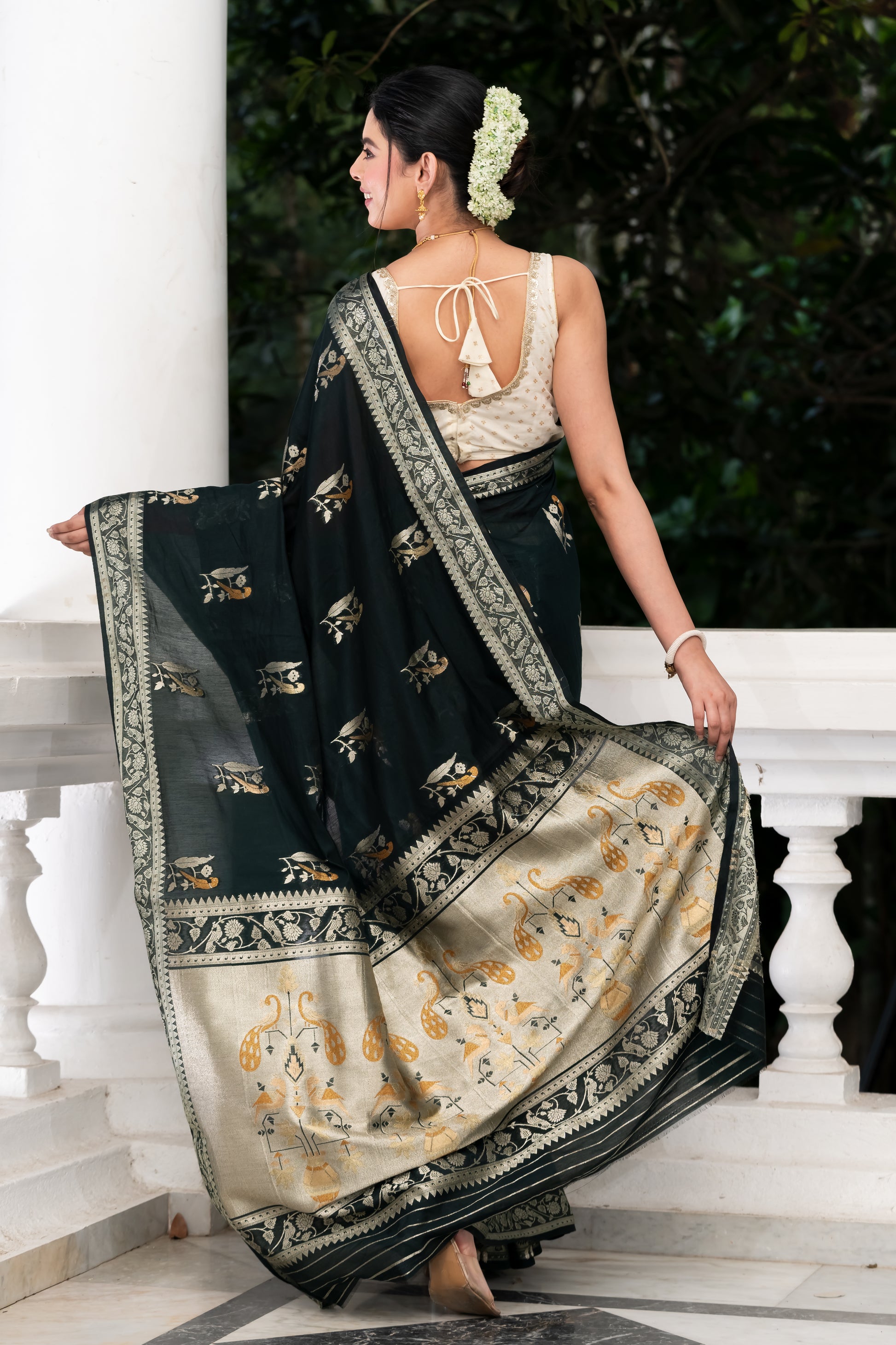 black fancy crape banarasi saree