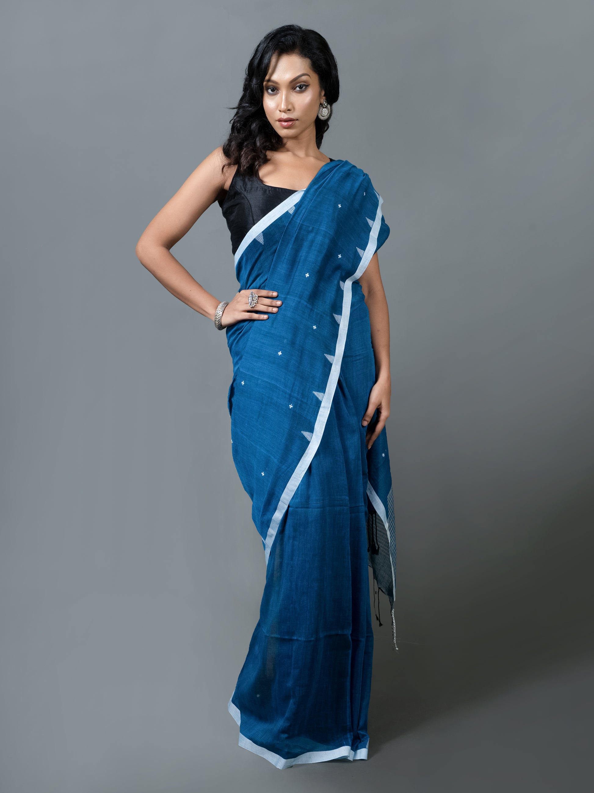 blue lagoon jamdani pure cotton saree fresh handwoven