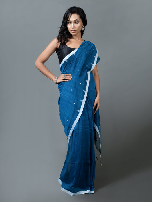 blue lagoon jamdani pure cotton saree fresh handwoven