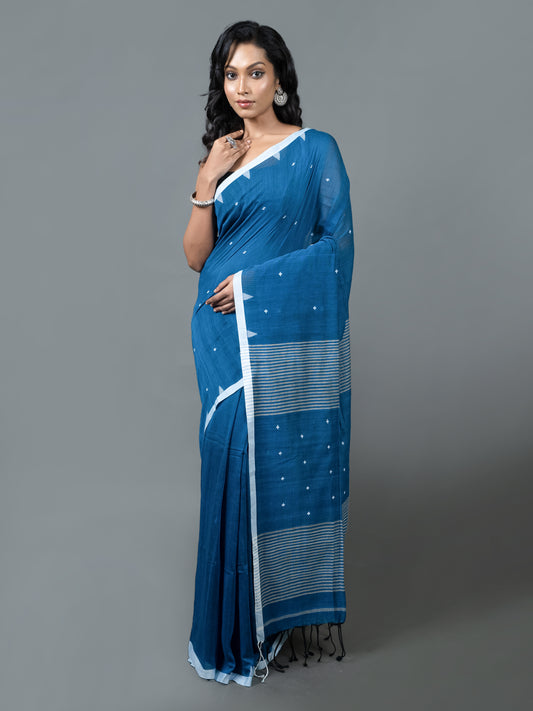 blue lagoon jamdani pure cotton saree fresh handwoven