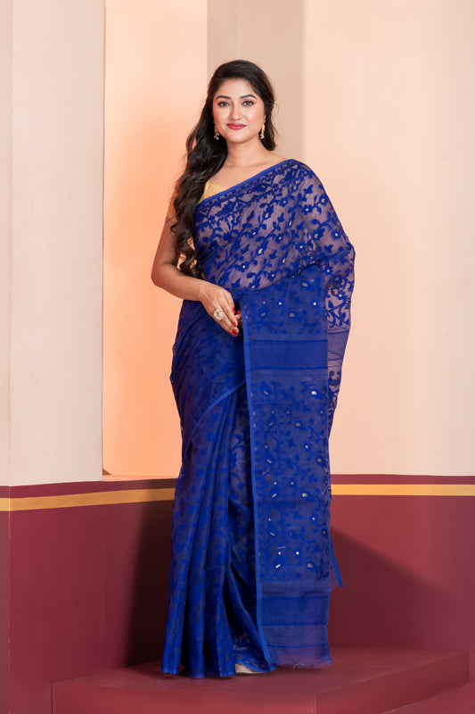 blue silk jamdani cotton saree