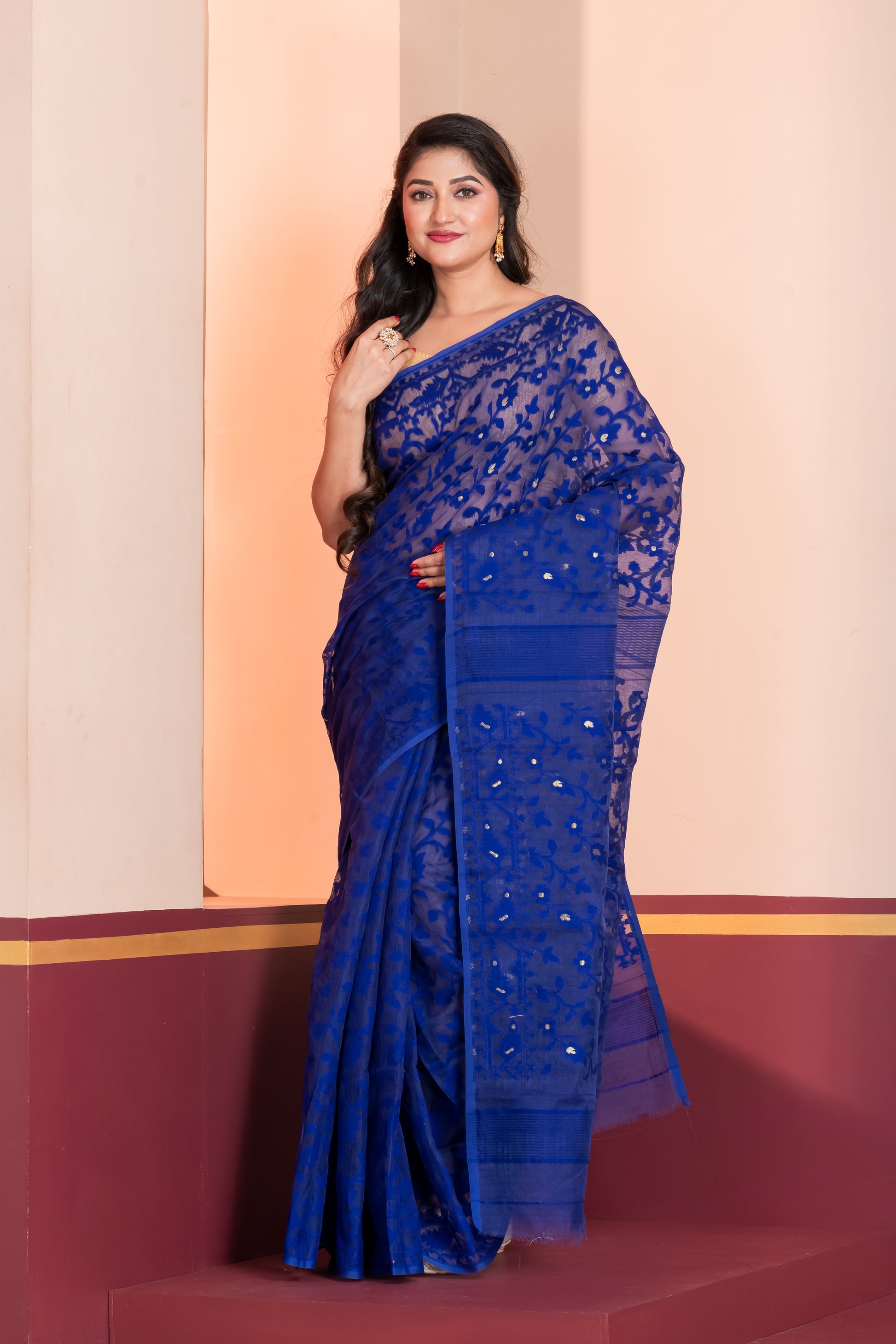 blue silk jamdani cotton saree