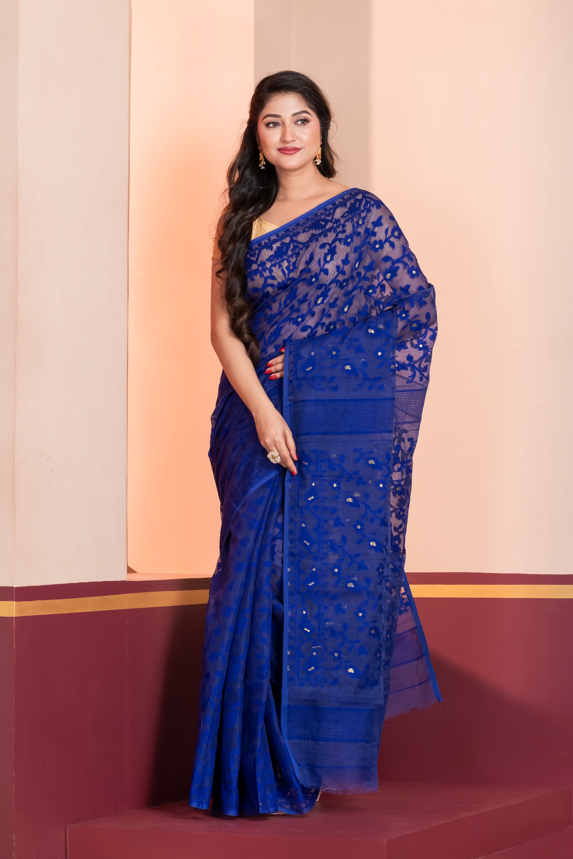 blue silk jamdani cotton saree