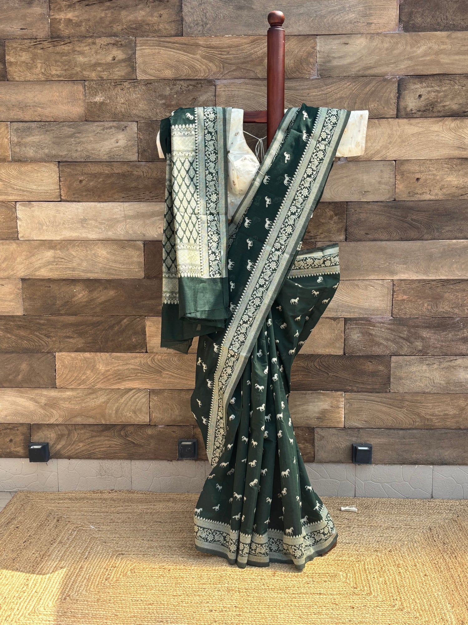 bottle green mercerised banarasi cotton saree