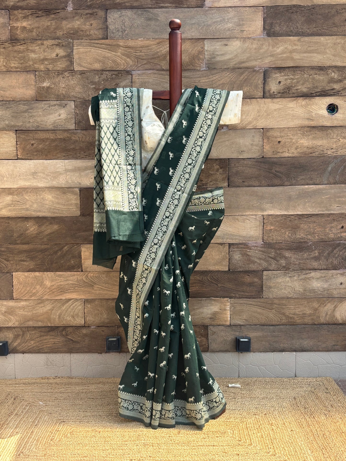 bottle green mercerised banarasi cotton saree