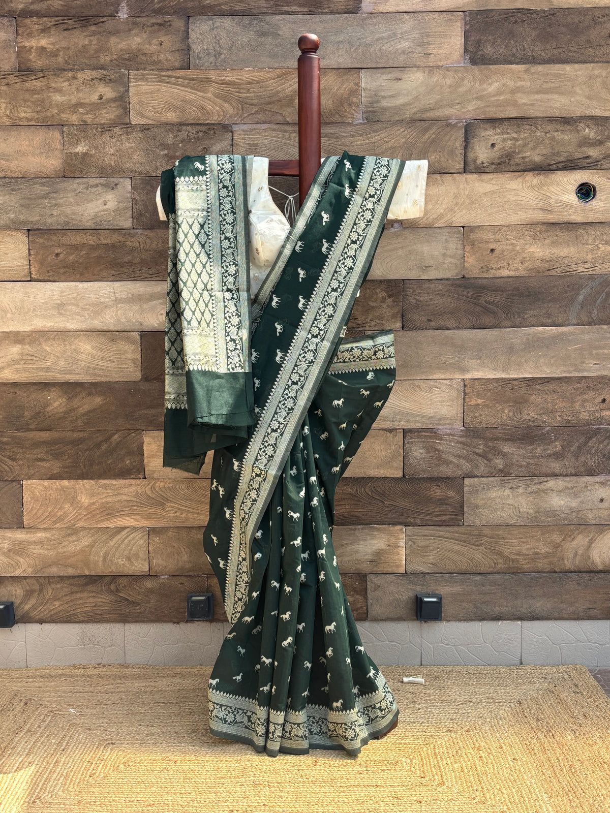 bottle green mercerised banarasi cotton saree