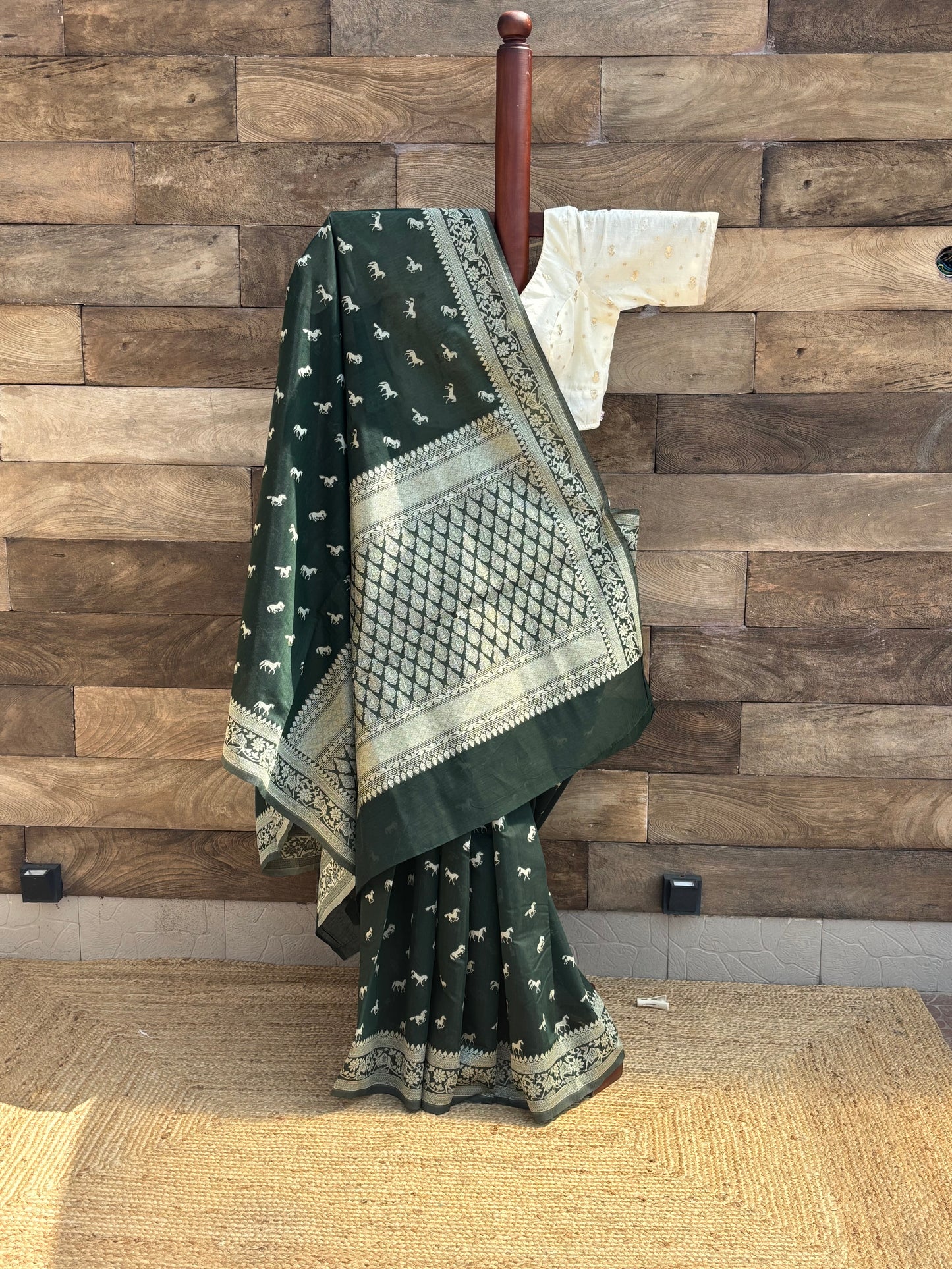 bottle green mercerised banarasi cotton saree