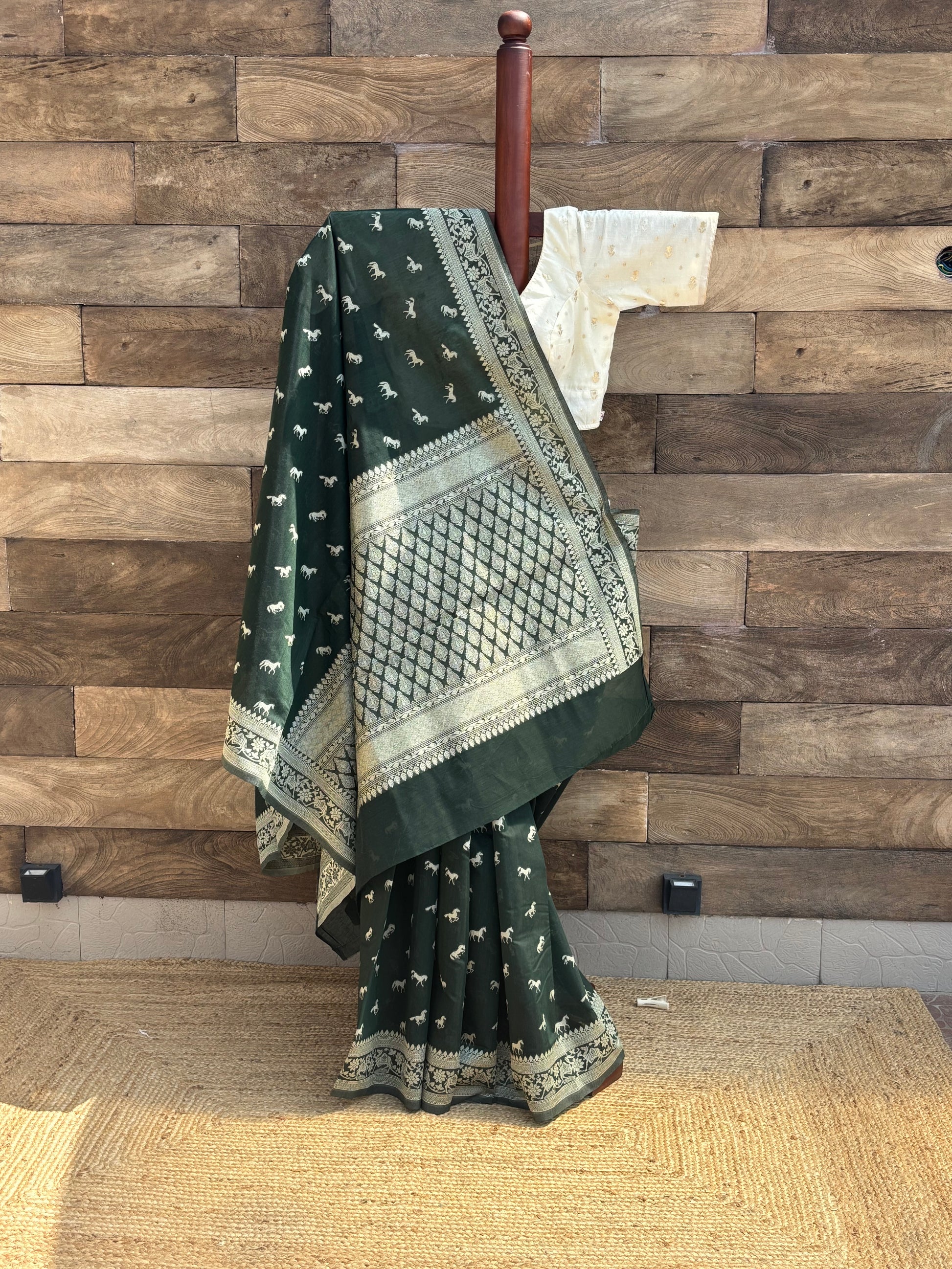 bottle green mercerised banarasi cotton saree