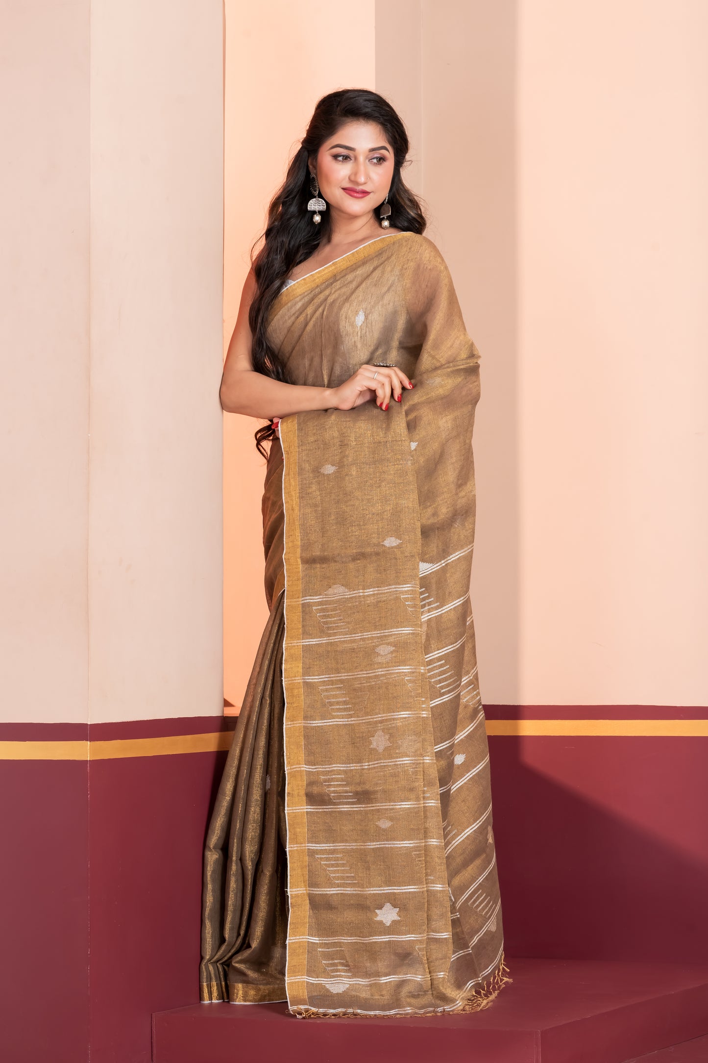 bronze tissue linen jamdani saree