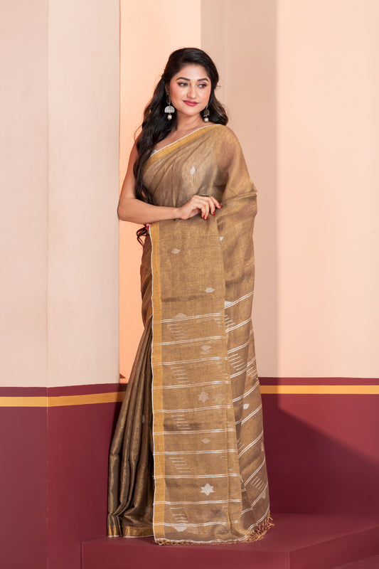bronze tissue linen jamdani saree