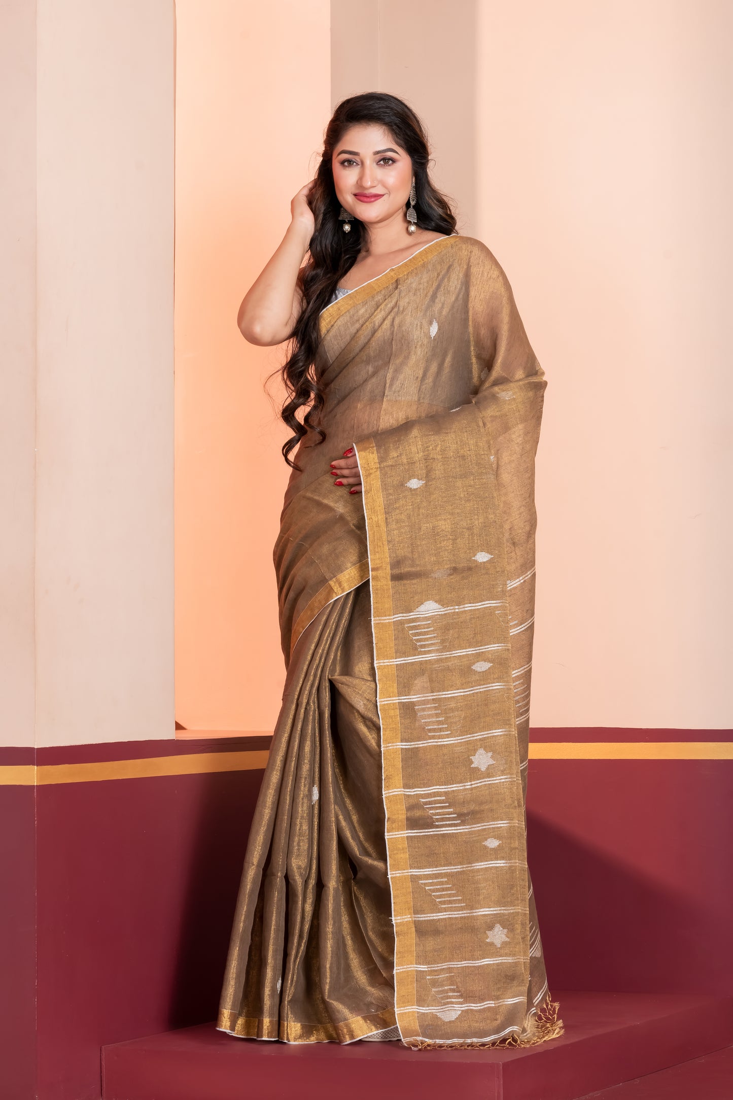 bronze tissue linen jamdani saree