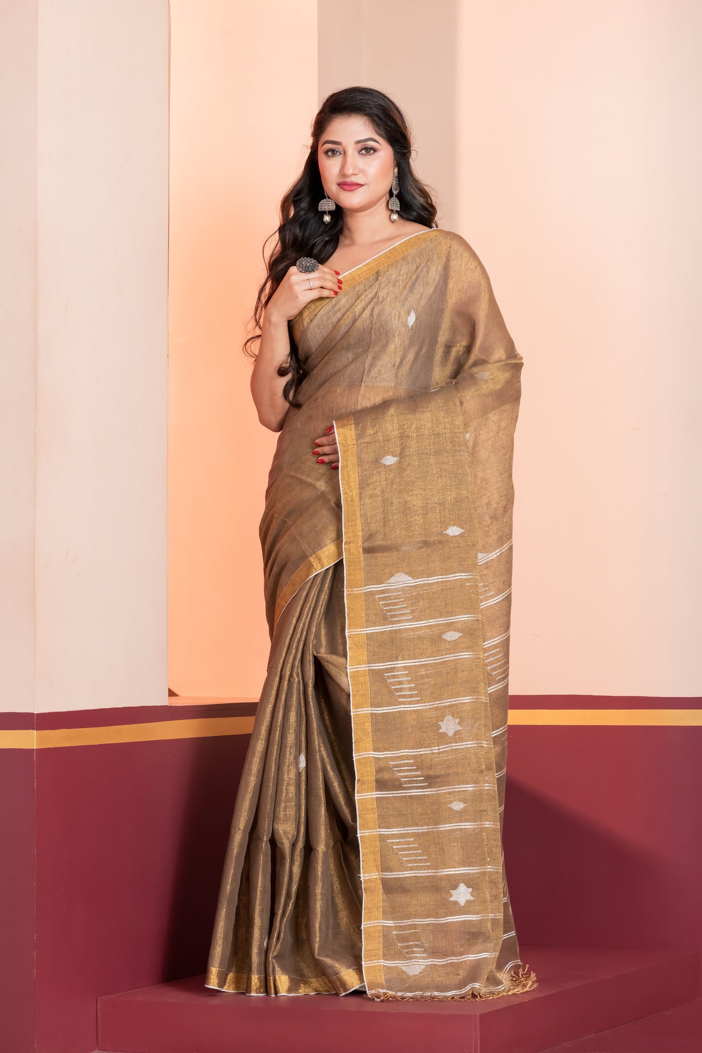 bronze tissue linen jamdani saree