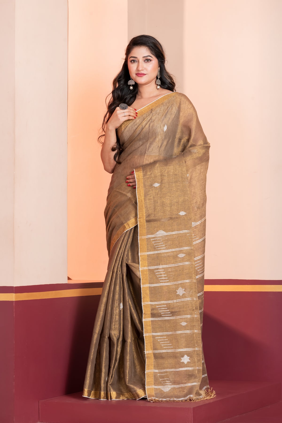 bronze tissue linen jamdani saree