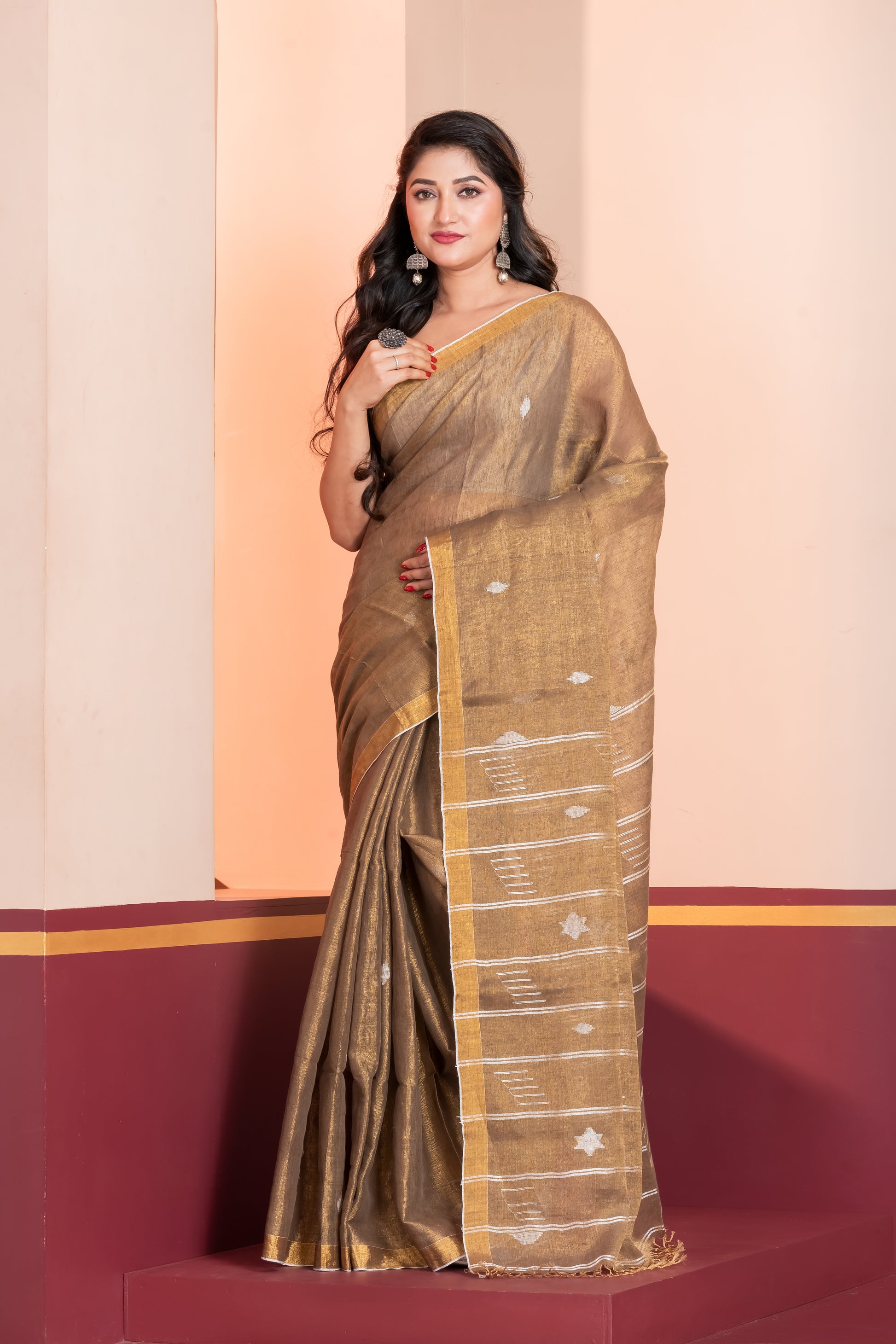 bronze tissue linen jamdani saree