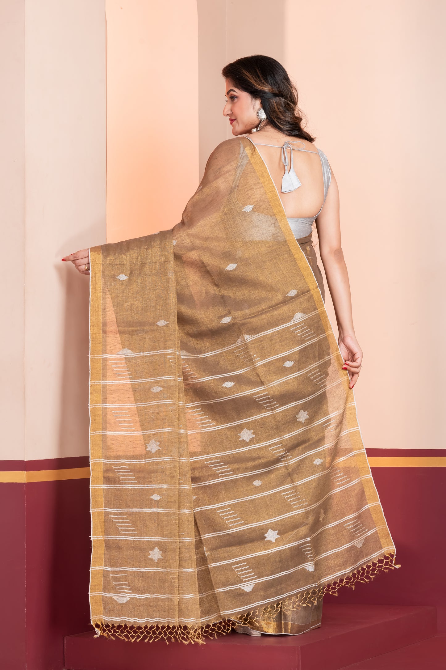 bronze tissue linen jamdani saree