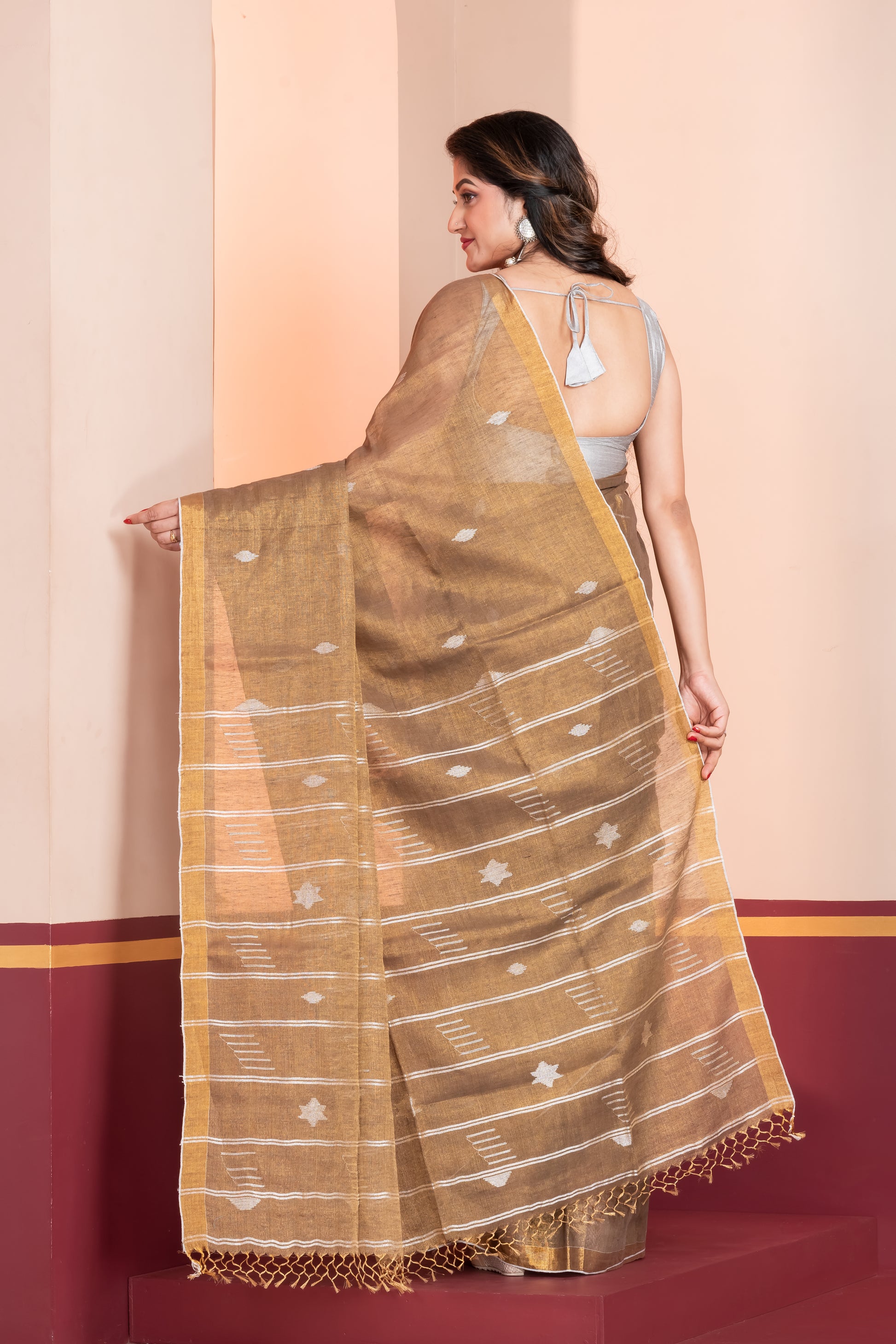 bronze tissue linen jamdani saree