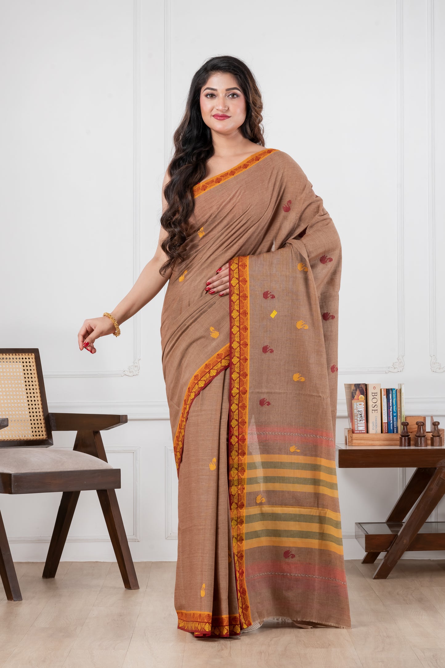 brown dhonekhali pure cotton saree