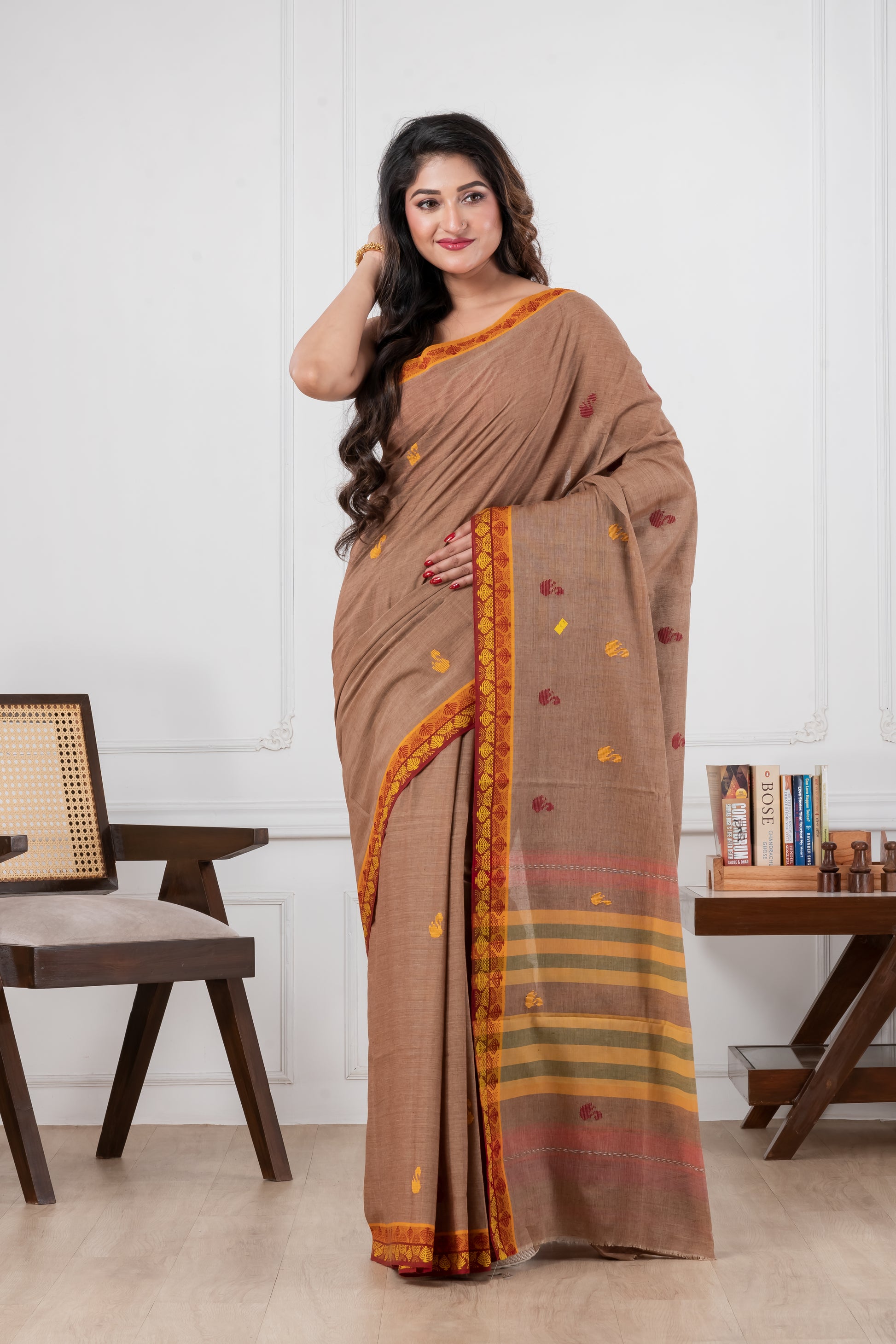 brown dhonekhali pure cotton saree
