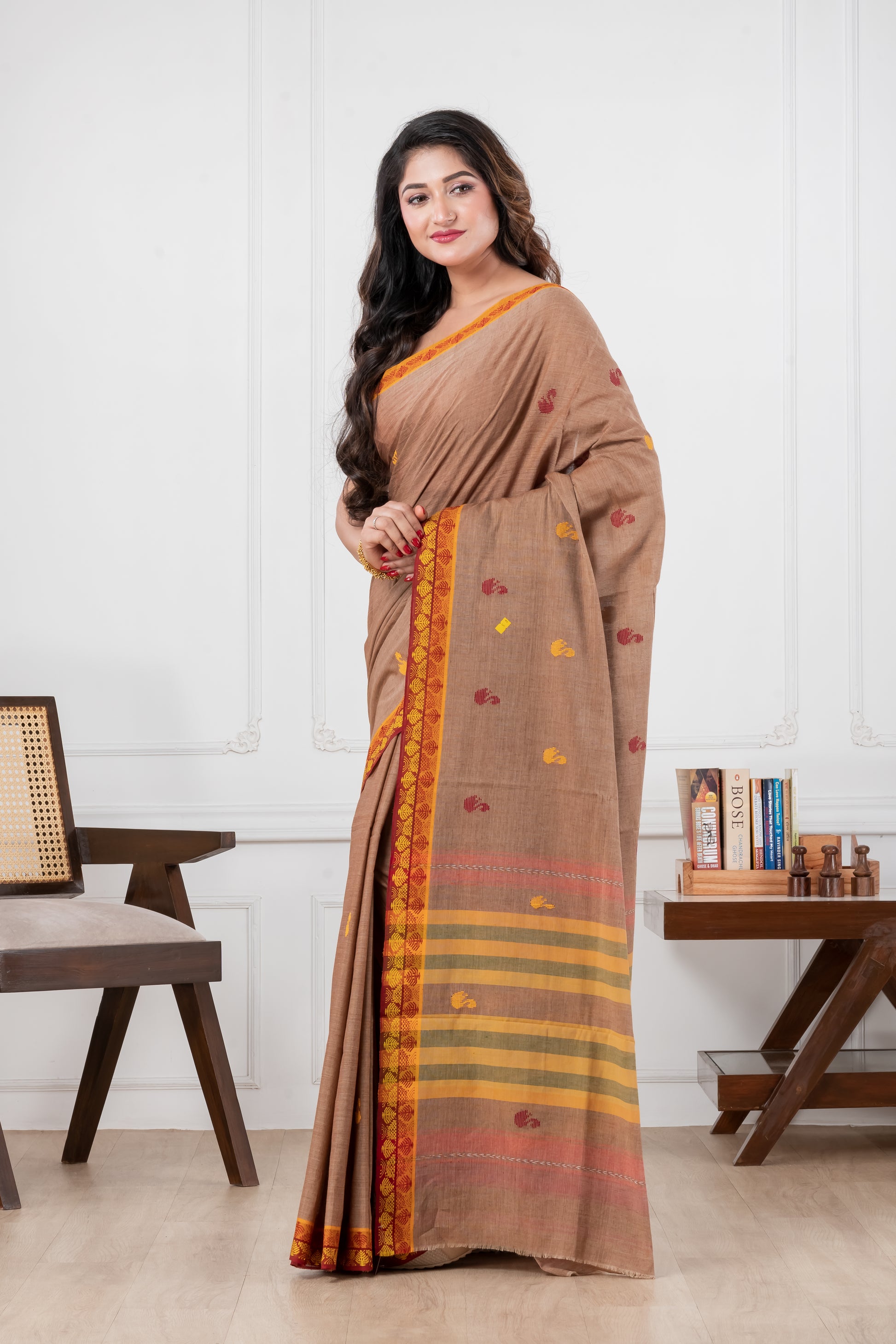 brown dhonekhali pure cotton saree