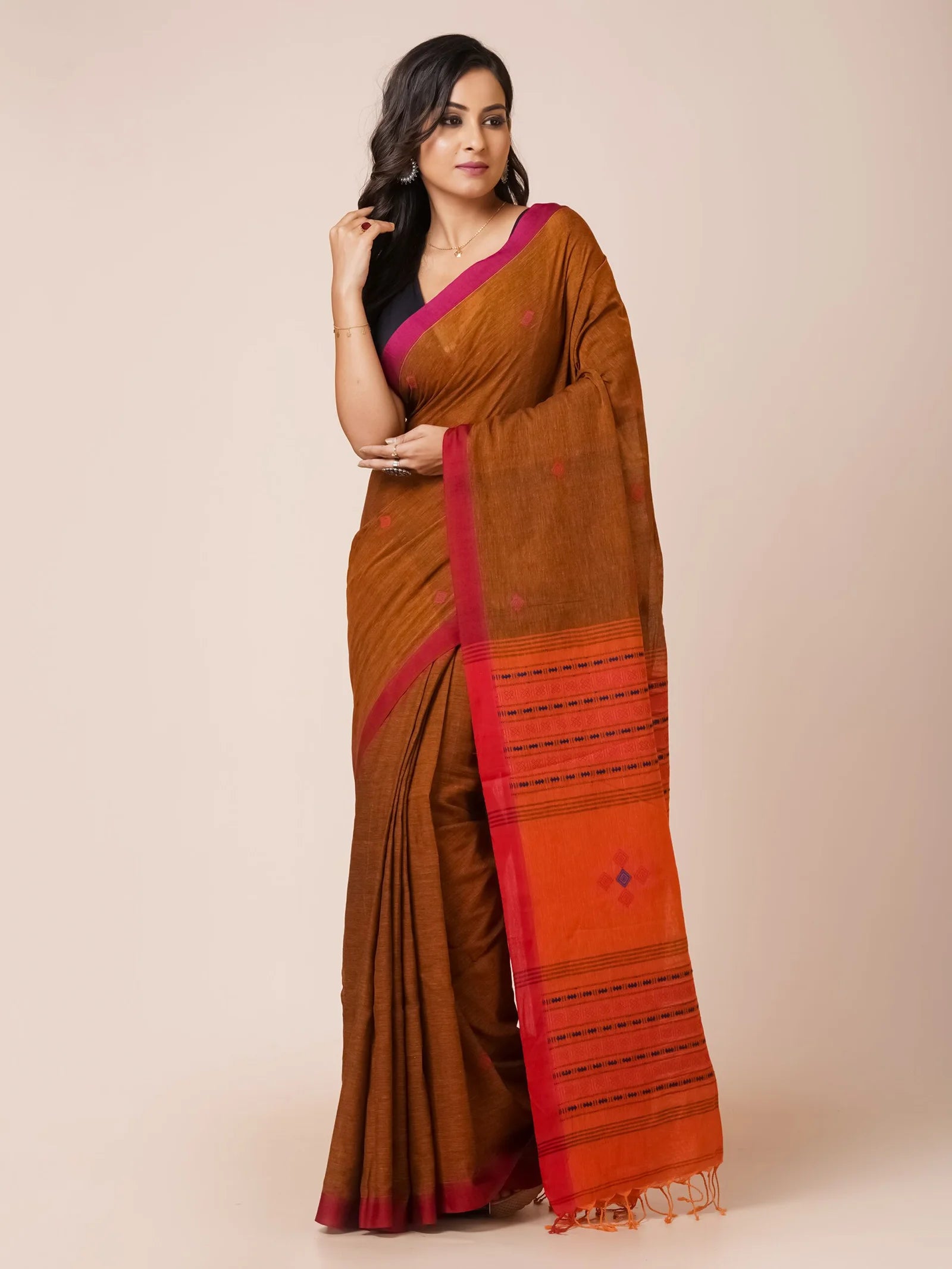brown handloom khadi pure cotton saree