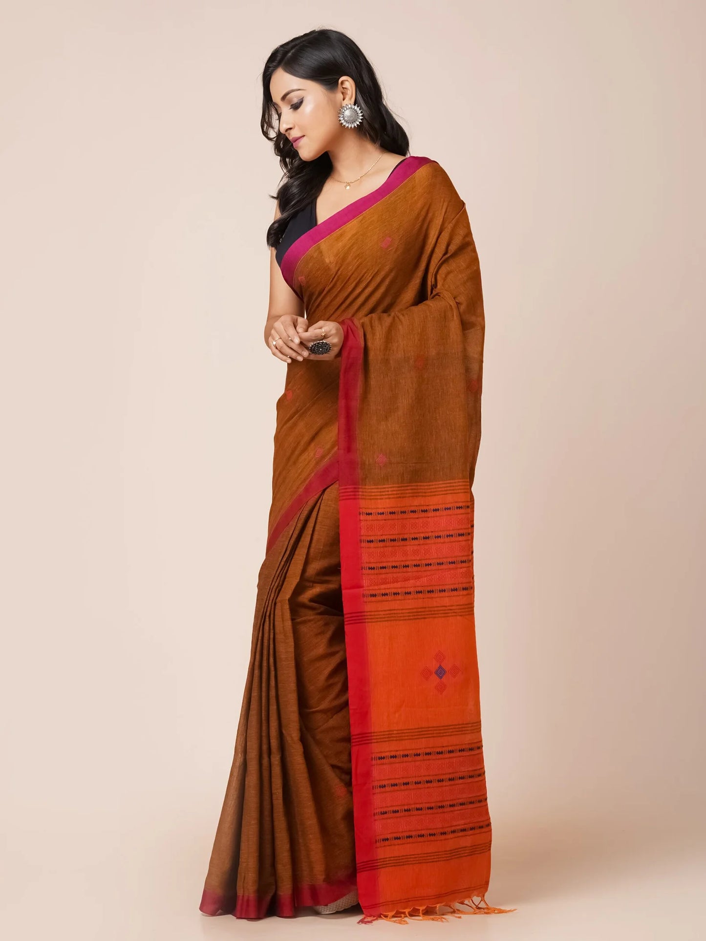 brown handloom khadi pure cotton saree