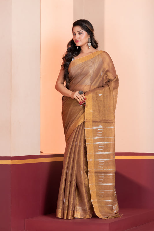 brown tissue linen jamdani saree
