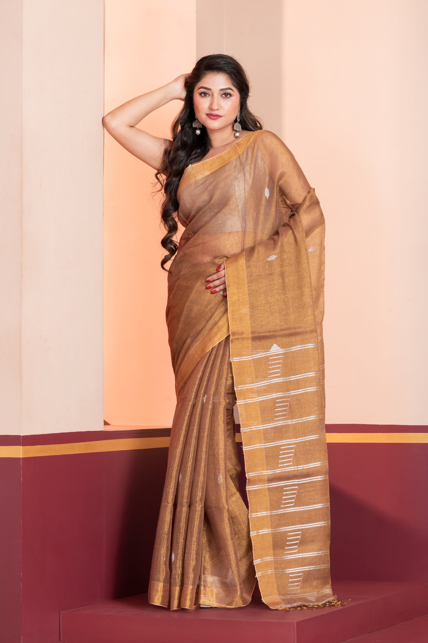 brown tissue linen jamdani saree