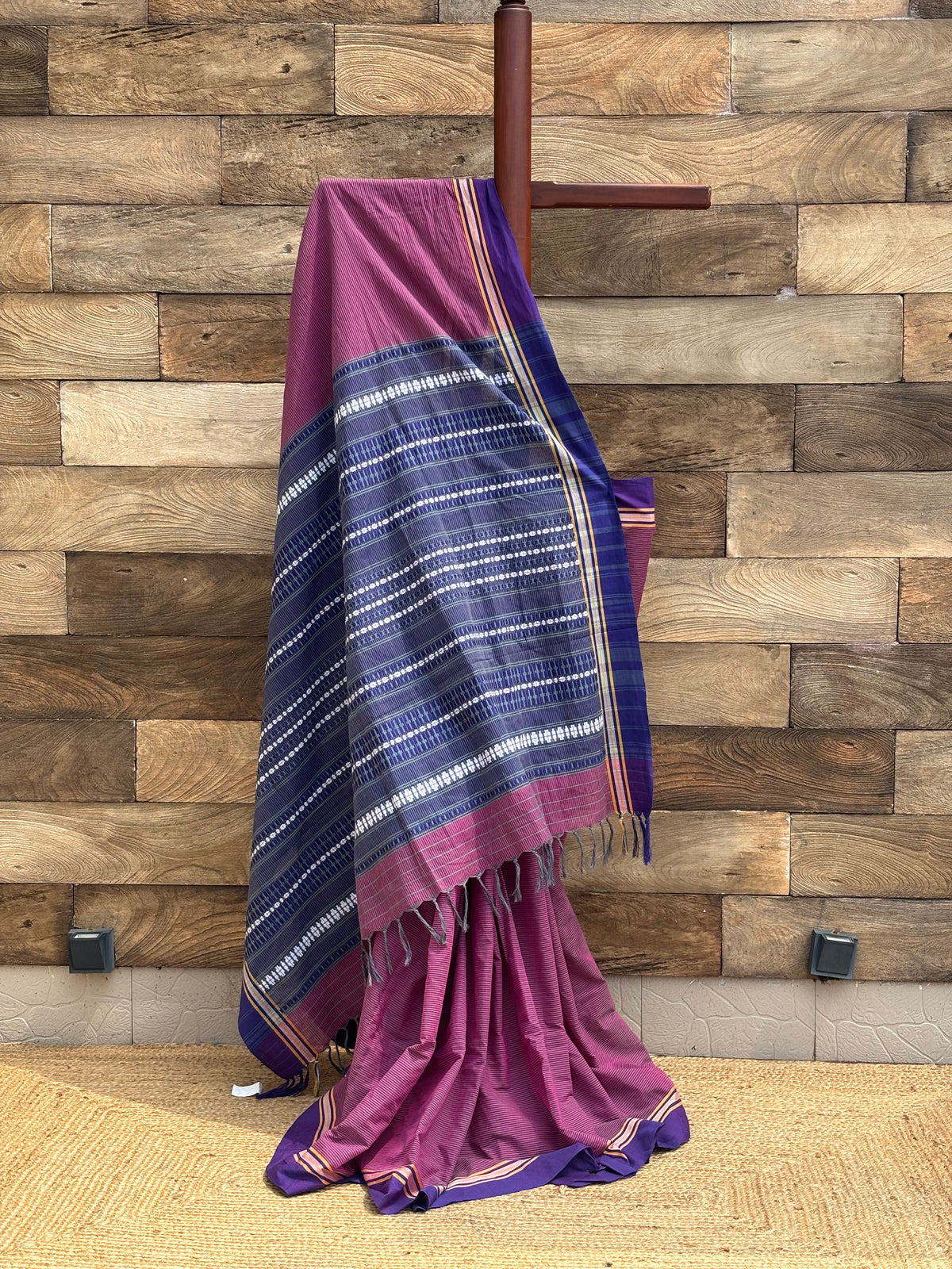 Purple horizontal check  Pure Cotton Handwoven Begumpuri Saree