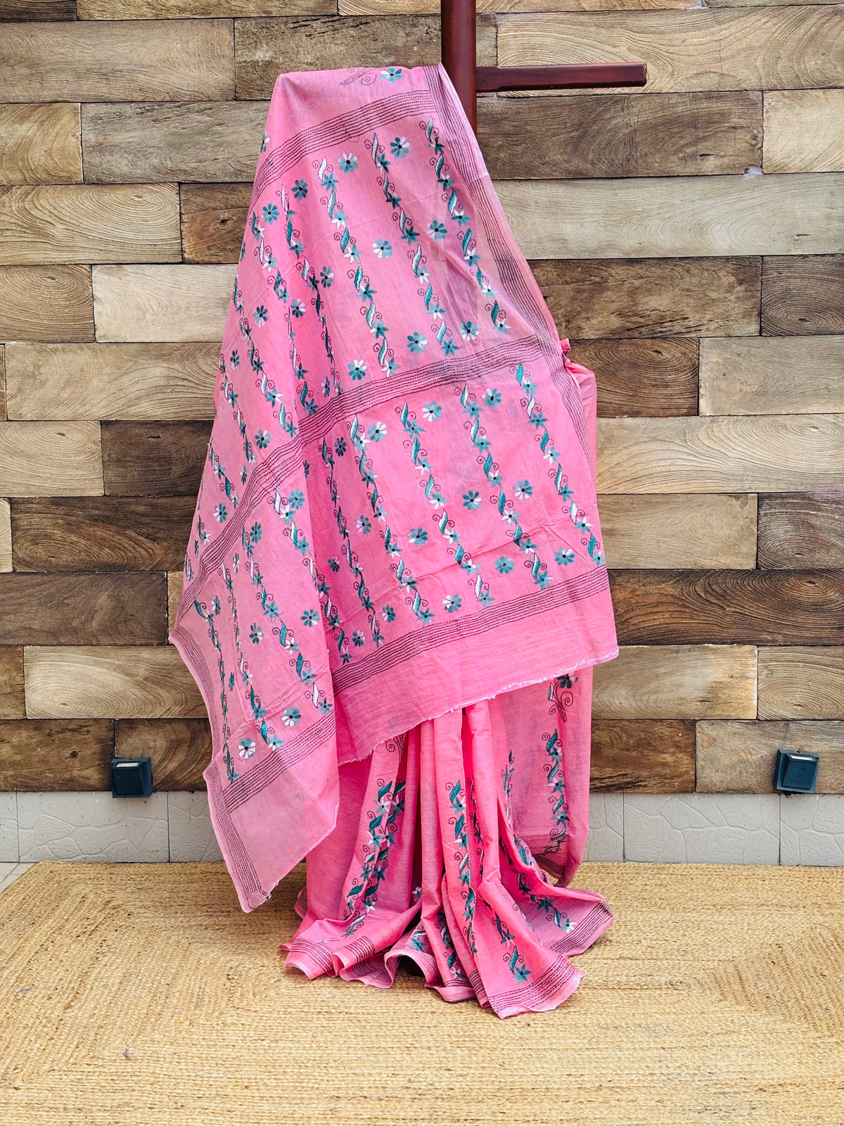 Bubble gum pink pure cotton Kantha stitch saree