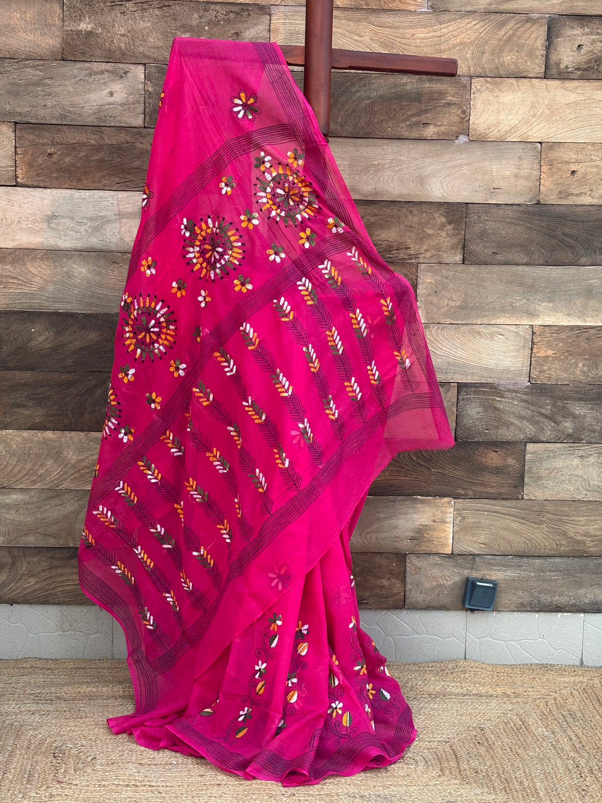 Hot Pink Kantha Hand Stitch Pur Cotton Saree
