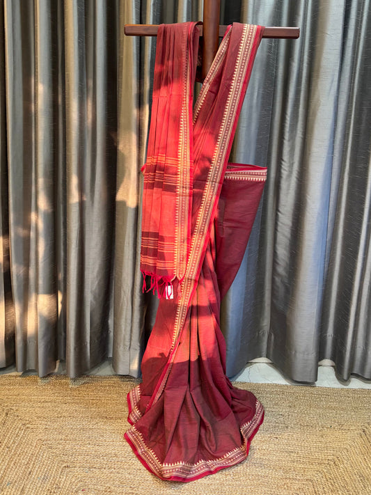 Pure Cotton Maroon Dhonekhali Saree