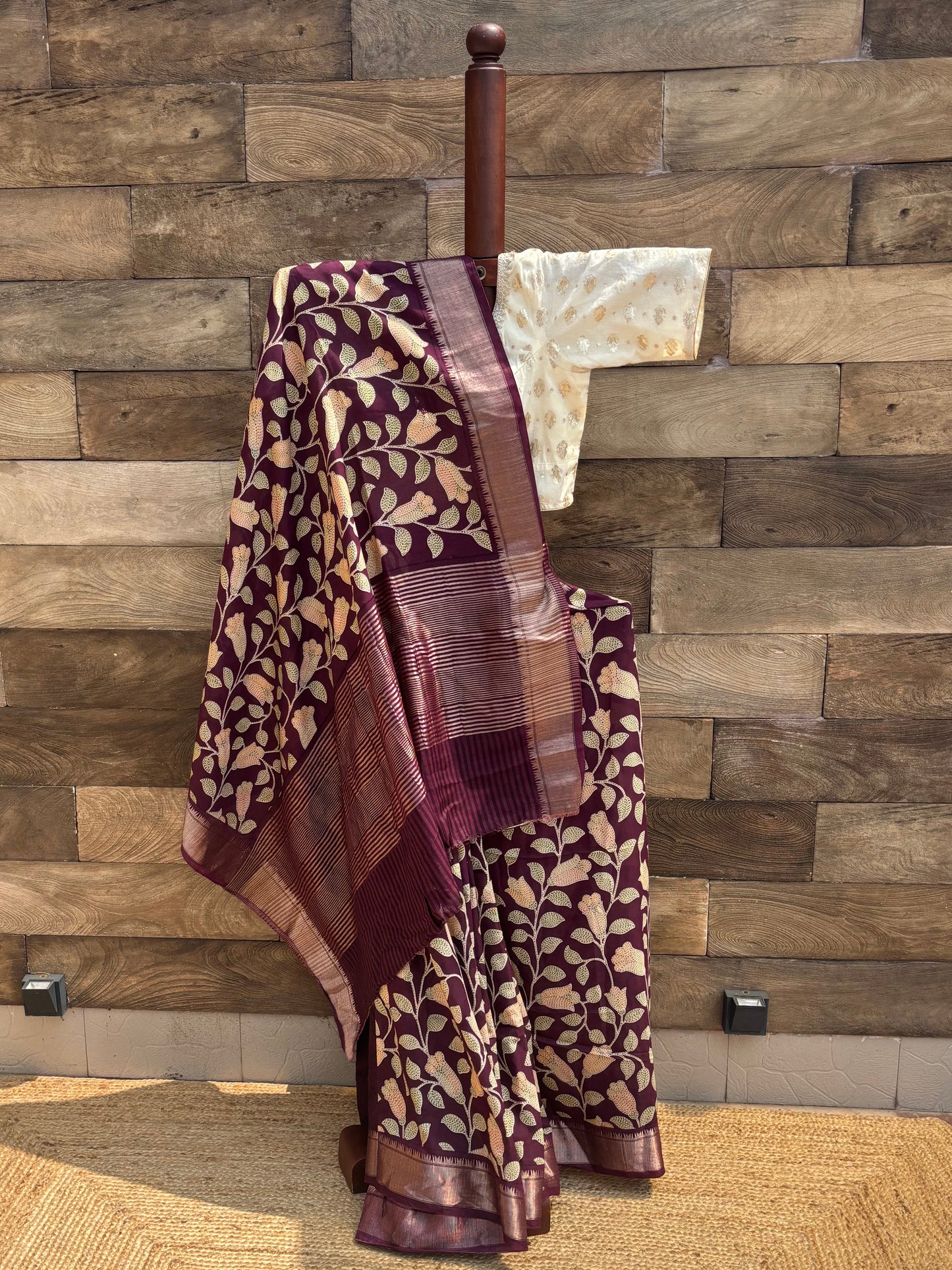Wine - Fancy crape saree with zaree Border