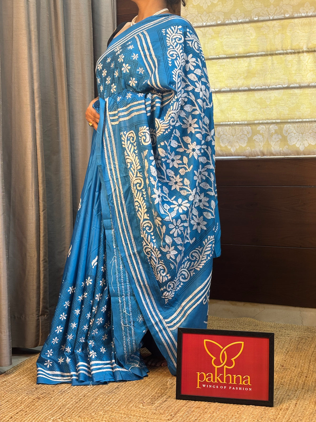 Blue hand Kantha work Saree