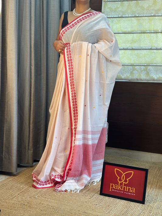 Off White & Red Pure Cotton Handwoven Saree