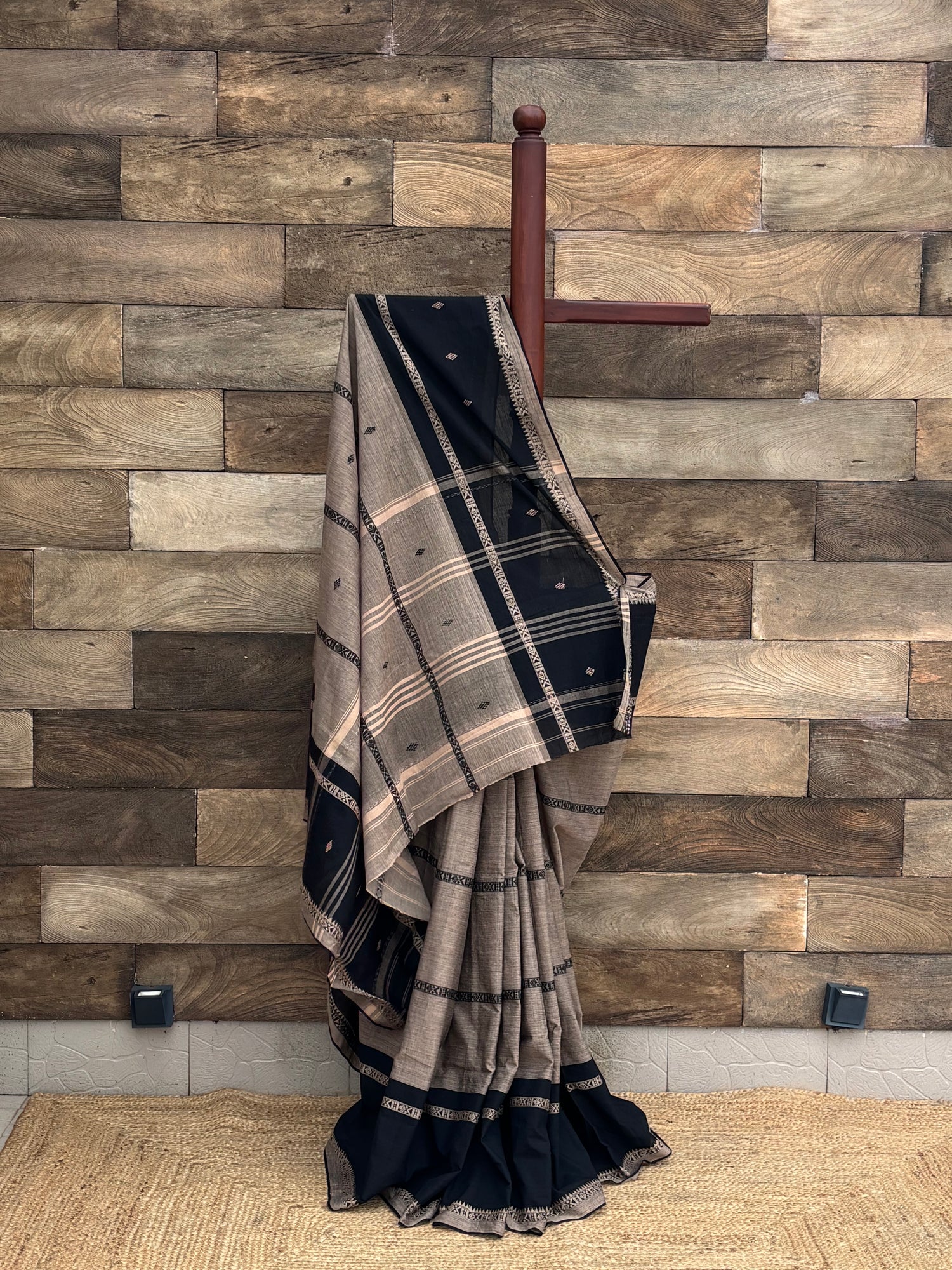 Brown and Black pure Cotton  Dhonekhali Saree