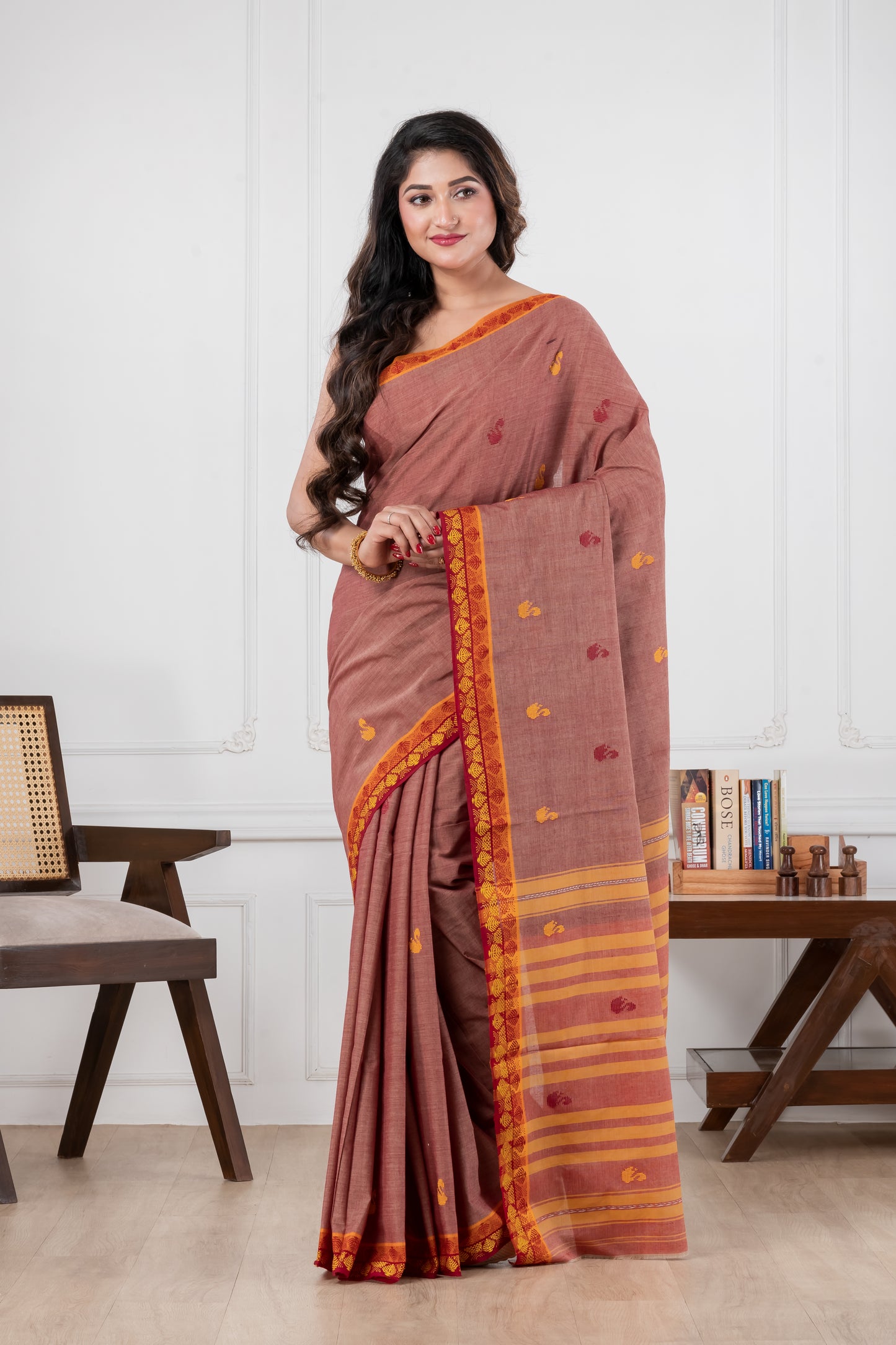 red dhonekhali cotton saree festive wear West Bengal artisan