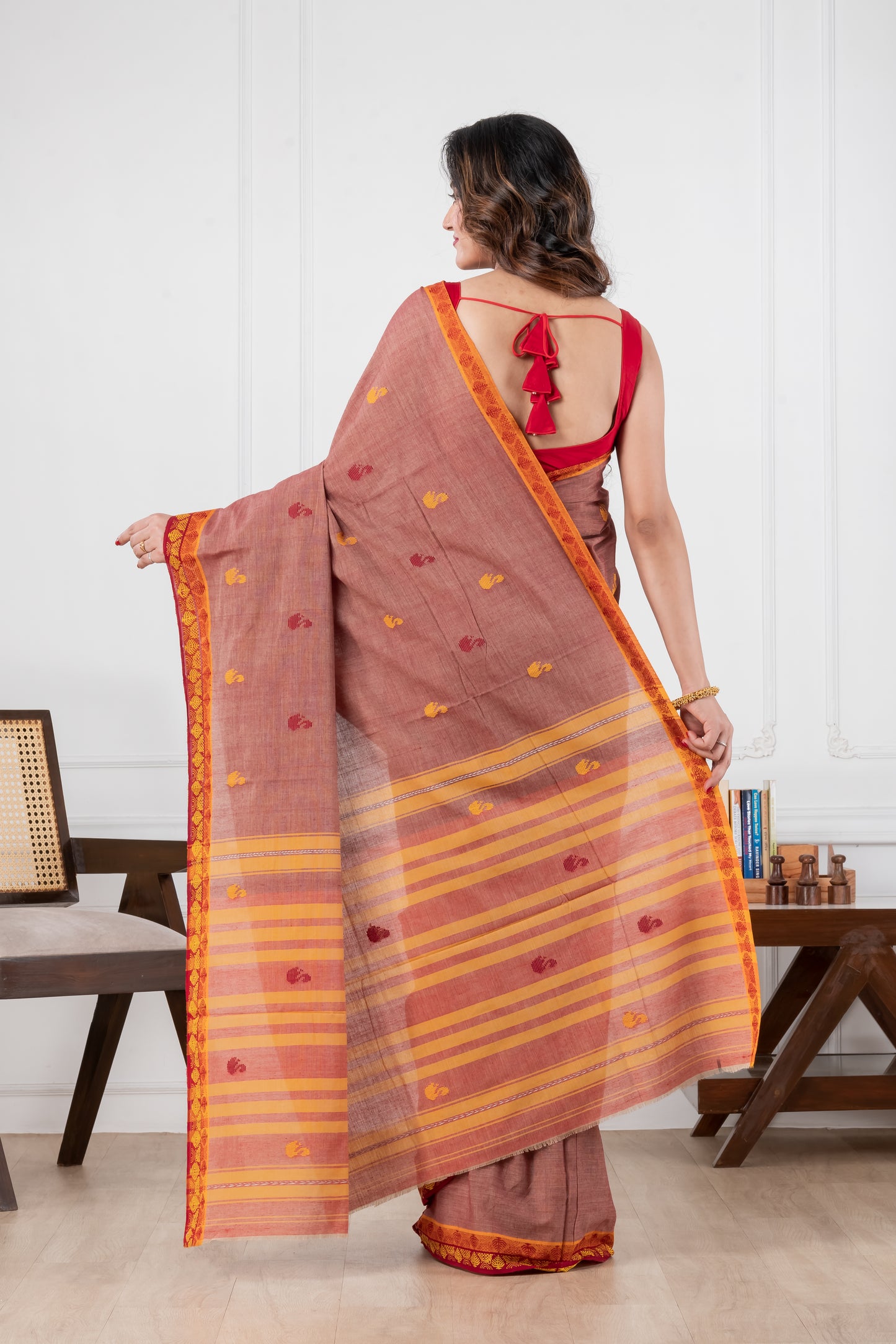 cottage red dhonekhali saree full drape model shot