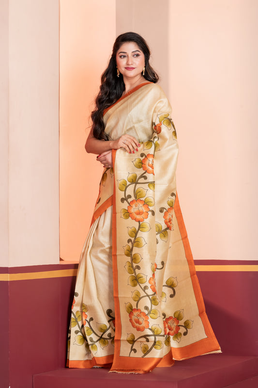 cream pure murshidabad silk saree