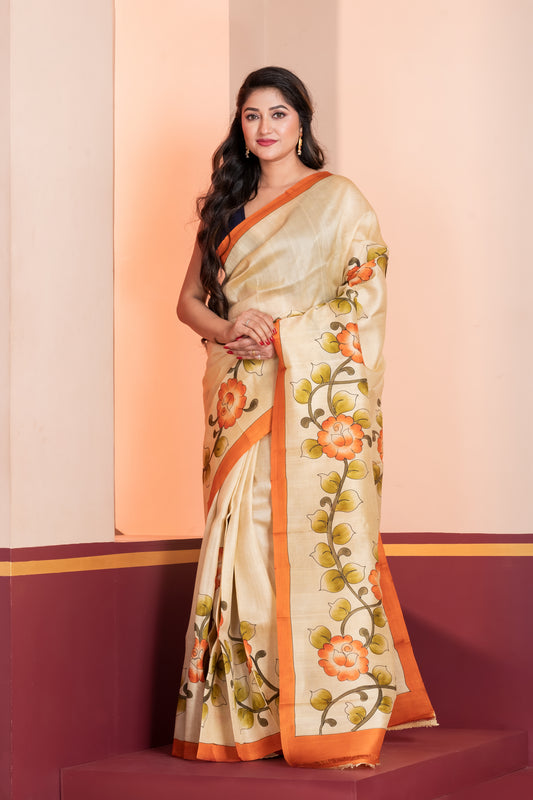 cream pure murshidabad silk saree