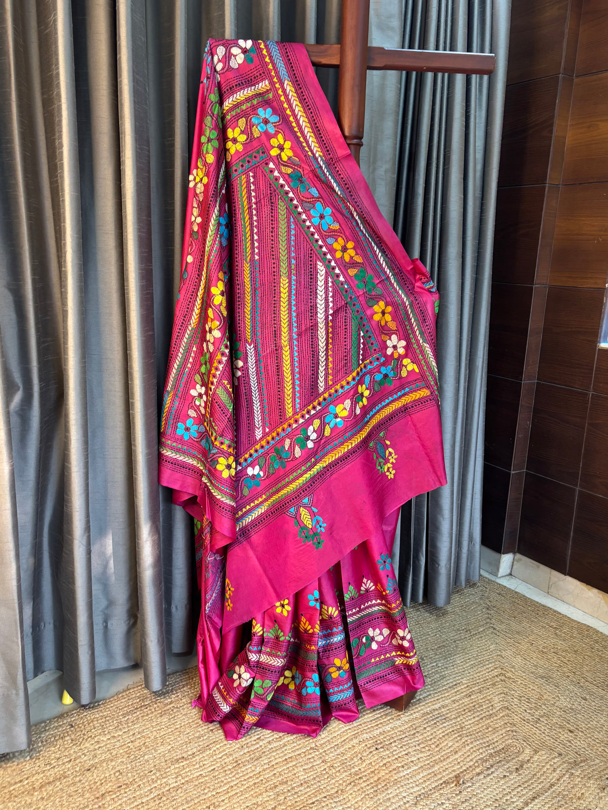 Hot Pink Hand  Kantha Stitch Saree on Blended Bangalore Silk Saree