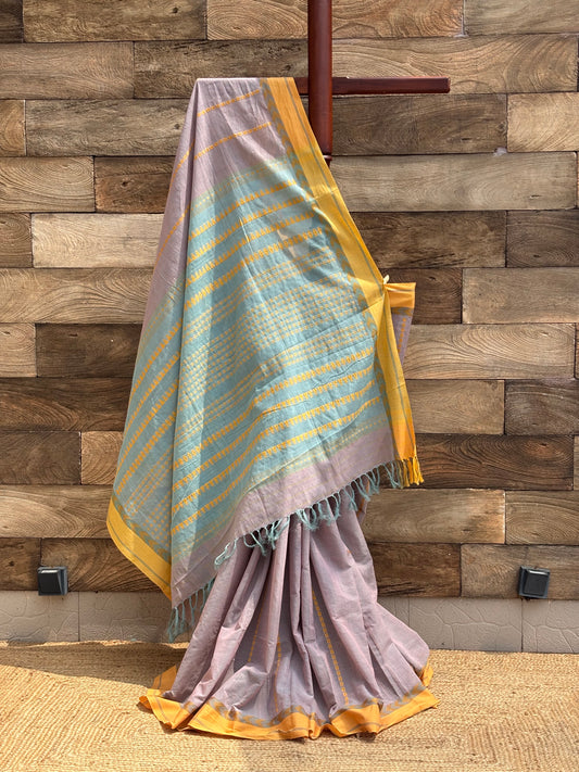 Light Mauve with Green Border Pure Cotton Handwoven Begumpuri Saree