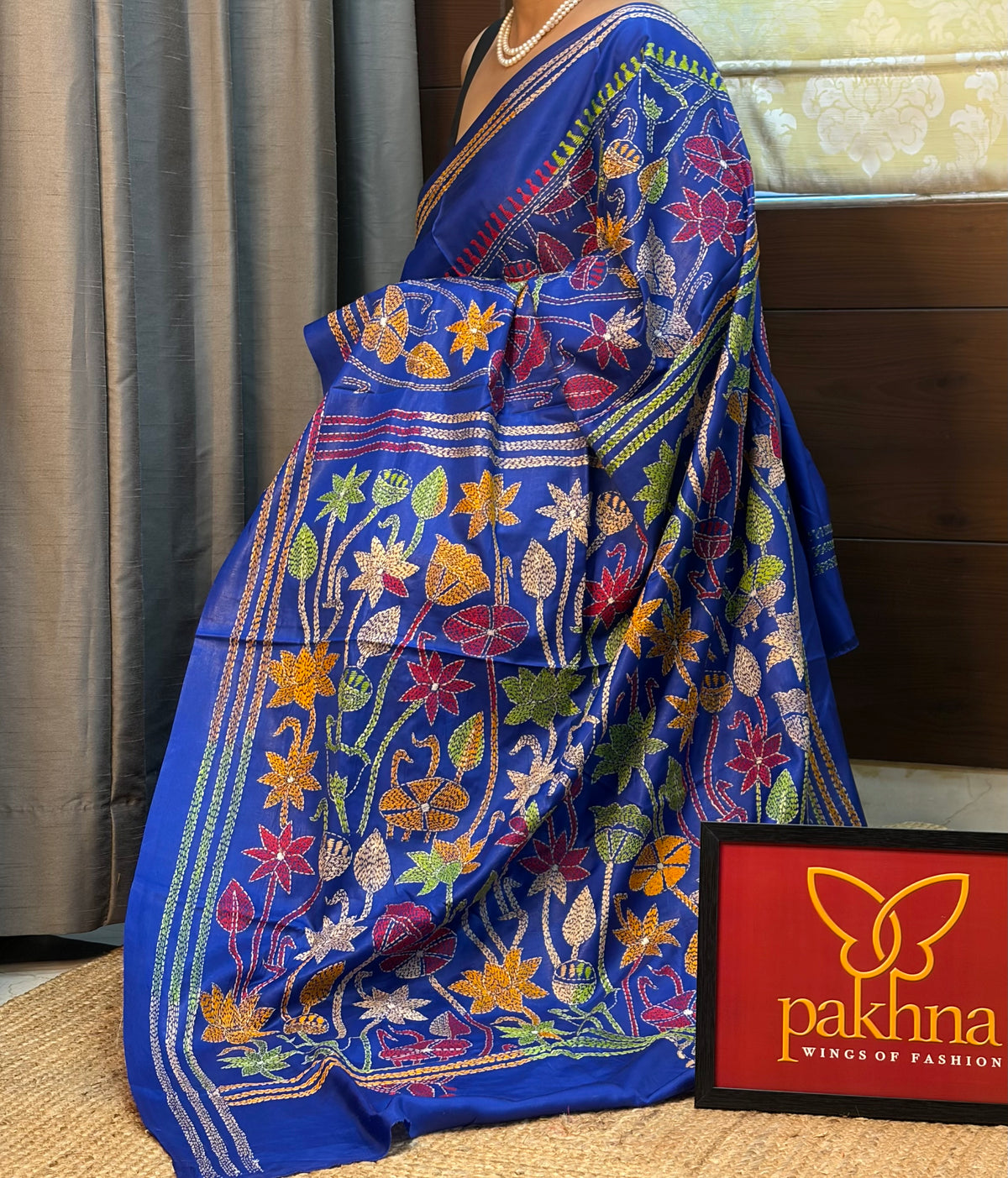 Pakhna Blue Handcrafted Kantha Stich Saree