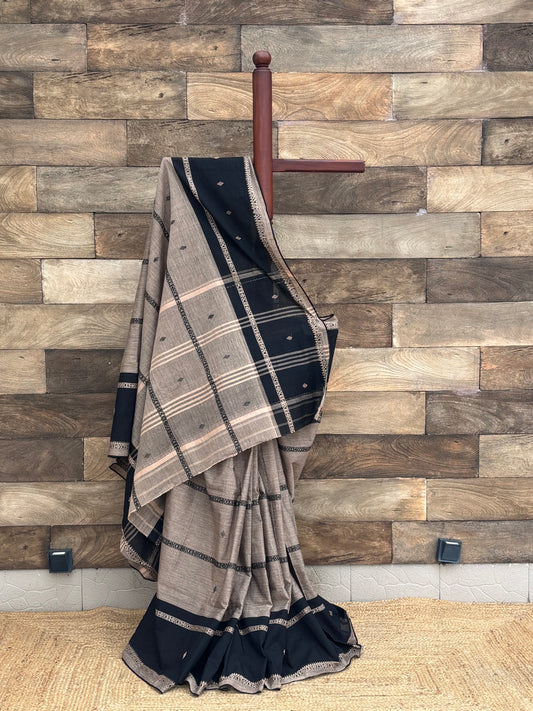Brown and Black pure Cotton  Dhonekhali Saree