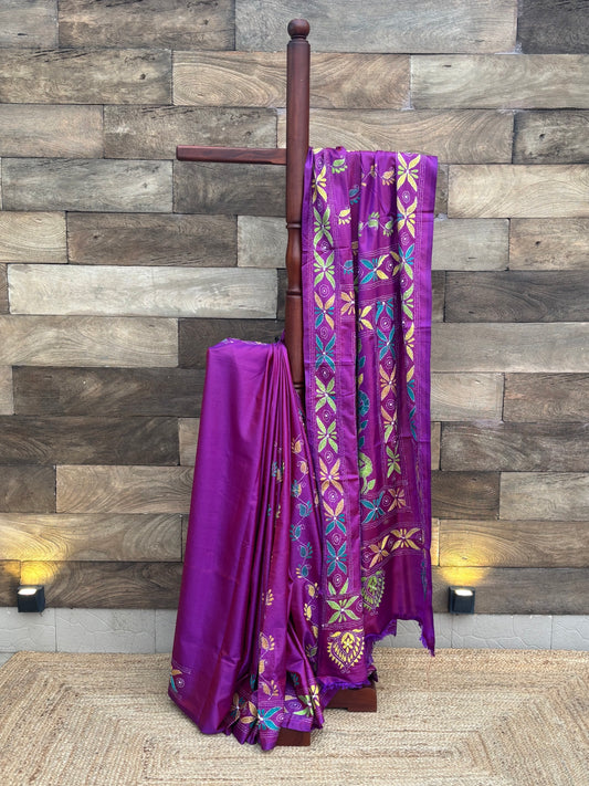 Pakhna hand kantha stitch saree on blended Bangalore silk