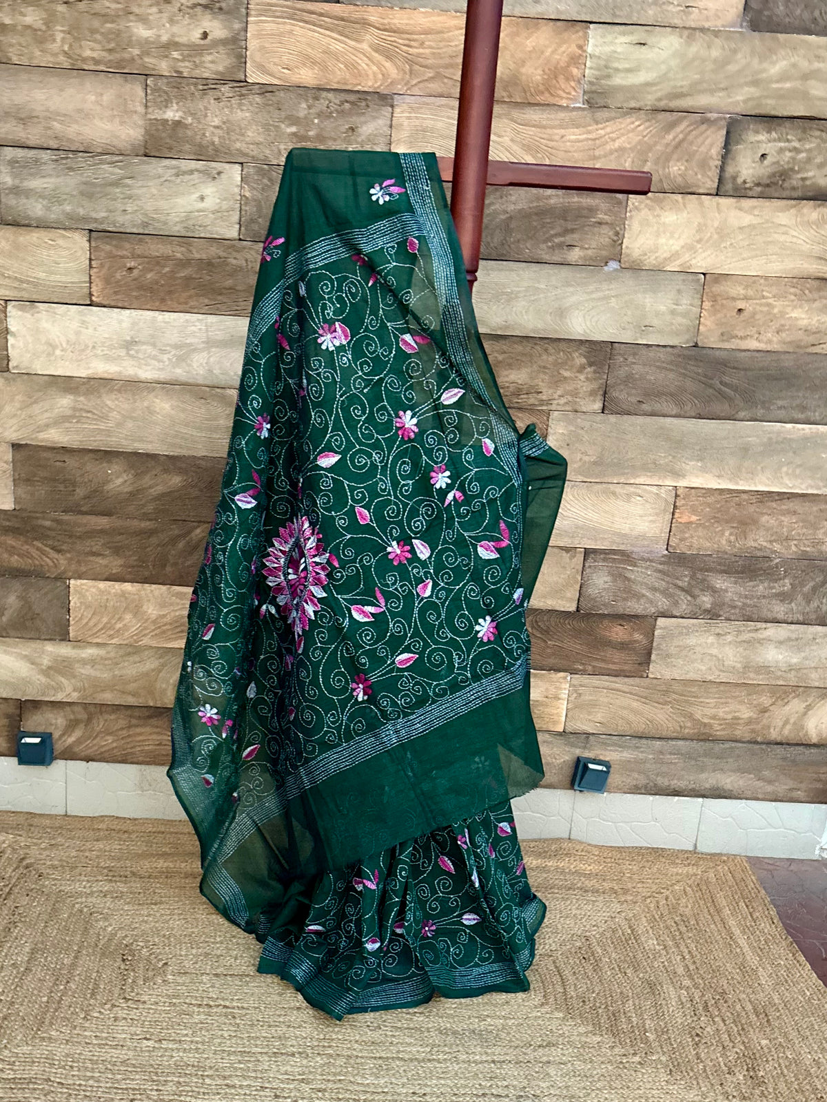 Green Pure Cotton Hand Kantha Stitch Saree